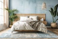 Photo mockup with empty wall in modern bedroom interior, king size bed, wooden furniture, green houseplants, hotel room Royalty Free Stock Photo