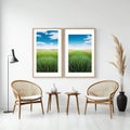 and photo mockups in stylish Blank wooden frames on white wall with chairs and ceramic vase with dry