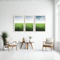 and photo mockups in stylish Blank wooden frames on white wall with chairs and ceramic vase with dry