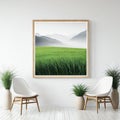 and photo mockups in stylish Blank wooden frames on white wall with chairs and ceramic vase with dry