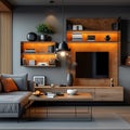 Photo Modern apartment interior living or bedroom, working table, furniture