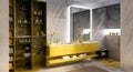 Ai generated a modern bathroom with twin sinks and vibrant yellow cabinets