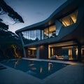 Ai generated a modern house with a beautifully lit swimming pool at night Royalty Free Stock Photo