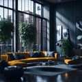 A living room filled with furniture and large windows created with Generative AI technology Royalty Free Stock Photo