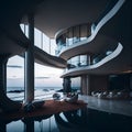 Ai generated a modern living room with a stunning ocean view and a unique spiral staircase Royalty Free Stock Photo