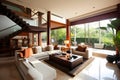 Photo of a modern living room with wooden furniture, upholstered furniture in a two-story villa, on an island by the ocean