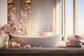 Photo of modern luxury bathroom interior with bathtub, towels and candles. Relaxation bodycare, beauty and health concept.
