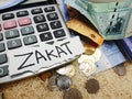 Photo of money, calculator and rice as zakat concept photo