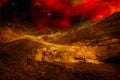 Photo montage of alien golden landscape, with sky full of stars and nebulas