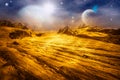 Photo montage of alien golden landscape, with sky full of stars and planets