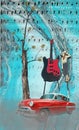 Red car with dead three and a Red giant guitar on a white and blue background Royalty Free Stock Photo