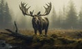 Photo of moose towering above a misty moss-covered bog its majestic antlers crowned with fresh foliage. Generative AI Royalty Free Stock Photo