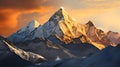 A photo of Mount Everest, with towering peaks as the background, during a calm morning