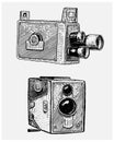 Photo movie or film camera vintage, engraved, hand drawn in sketch or wood cut style, old looking retro lens, isolated Royalty Free Stock Photo