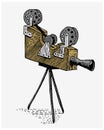 Photo movie or film camera vintage, engraved, hand drawn in sketch or wood cut style, old looking retro lens, isolated Royalty Free Stock Photo