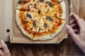 Close-up of Margarita pizza in a disposable dish. Top view of takeaway food in a fast food cafe. On photo - mozzarella cheese, Royalty Free Stock Photo
