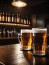 Photo Of Mugs Full Of Beer On A Bar Counter, Dramatic Lighting Illustration. Generative AI Royalty Free Stock Photo