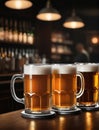 Photo Of Mugs Full Of Beer On A Bar Counter, Dramatic Lighting Illustration. Generative AI