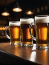 Photo Of Mugs Full Of Beer On A Bar Counter, Dramatic Lighting Illustration. Generative AI Royalty Free Stock Photo