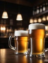 Photo Of Mugs Full Of Beer On A Bar Counter, Dramatic Lighting Illustration. Generative AI Royalty Free Stock Photo