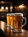 Photo Of Mugs Full Of Beer On A Bar Counter, Dramatic Lighting Illustration. Generative AI Royalty Free Stock Photo