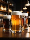 Photo Of Mugs Full Of Beer On A Bar Counter, Dramatic Lighting Illustration. Generative AI Royalty Free Stock Photo