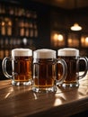Photo Of Mugs Full Of Beer On A Bar Counter, Dramatic Lighting Illustration. Generative AI Royalty Free Stock Photo