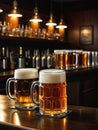 Photo Of Mugs Full Of Beer On A Bar Counter, Dramatic Lighting Illustration. Generative AI Royalty Free Stock Photo