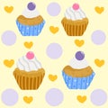 Photo of a multi colored cupcake background with heart polka dots.