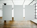 Photo museum interior in modern building.Open space studio. Empty white canvas hanging.Wood floor, bricks wall,panoramic