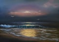 Seascape. Oil painting. Photo of the painting. Sea. Seagulls. Sunset. Sea sunset.