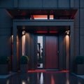 Ai generated a mysterious building with a red light illuminating the entrance