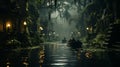 Majestic River In A Dark Forest: A Serene And Calming Absinthe-inspired Scene