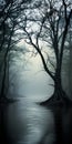 Eerily Realistic Dark Fantasy Image Fog River With Twisted Trees