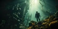 A photo of a mysterious underwater world, diver and a sunken ship. Generative AI Royalty Free Stock Photo