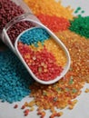 Photo Of Naturefriendly Biodegradable Plastic Granules Different Colors On Table, Recycling Concept. Generative AI
