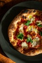 photo of a neapolitan style pizza on a plate on a wooden table Royalty Free Stock Photo