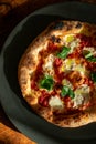 photo of a neapolitan style pizza on a plate on a wooden table