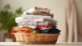 Photo of a neatly arranged basket of freshly folded clothes on a table