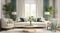 Elegant Living Room With Green Accents: 3d Rendering In White And Emerald Royalty Free Stock Photo