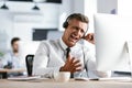 Photo of nervous businessman 30s wearing office clothes and head Royalty Free Stock Photo