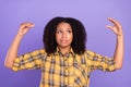 Photo of nervous lady make gesture talking hands look up wear checkered shirt isolated violet color background