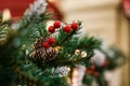 Photo of New Year branch of fir tree with cones, red berries Royalty Free Stock Photo