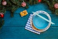 Photo of New Year branches of fir, cookies with prediction, plates, sticks for sushi Royalty Free Stock Photo