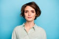 Photo of nice attractive business lady short bob hairstyle not smiling serious responsible person wear casual formalwear