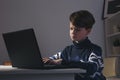 Photo of nice boy in sweater sitting infront of the computer doing homework. Royalty Free Stock Photo