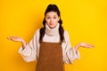 Photo of nice brunette unsure curly hairdo lady shrug shrimps wear sweater isolated on yellow color background