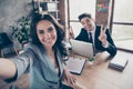 Photo of nice cheerful relaxing business people having rest during official break at their work Royalty Free Stock Photo