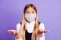 Photo of nice clueless hesitant schoolkid test wear uniform respirator isolated bright purple color background