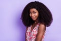 Photo of nice optimistic curly brown hairdo lady wear colorful top isolated on violet color background